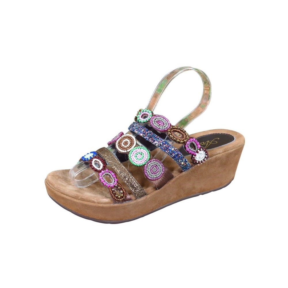 Azura Claretha Womens Wedge Sandals Size 38 Fashion Travel Brown Multi Beaded